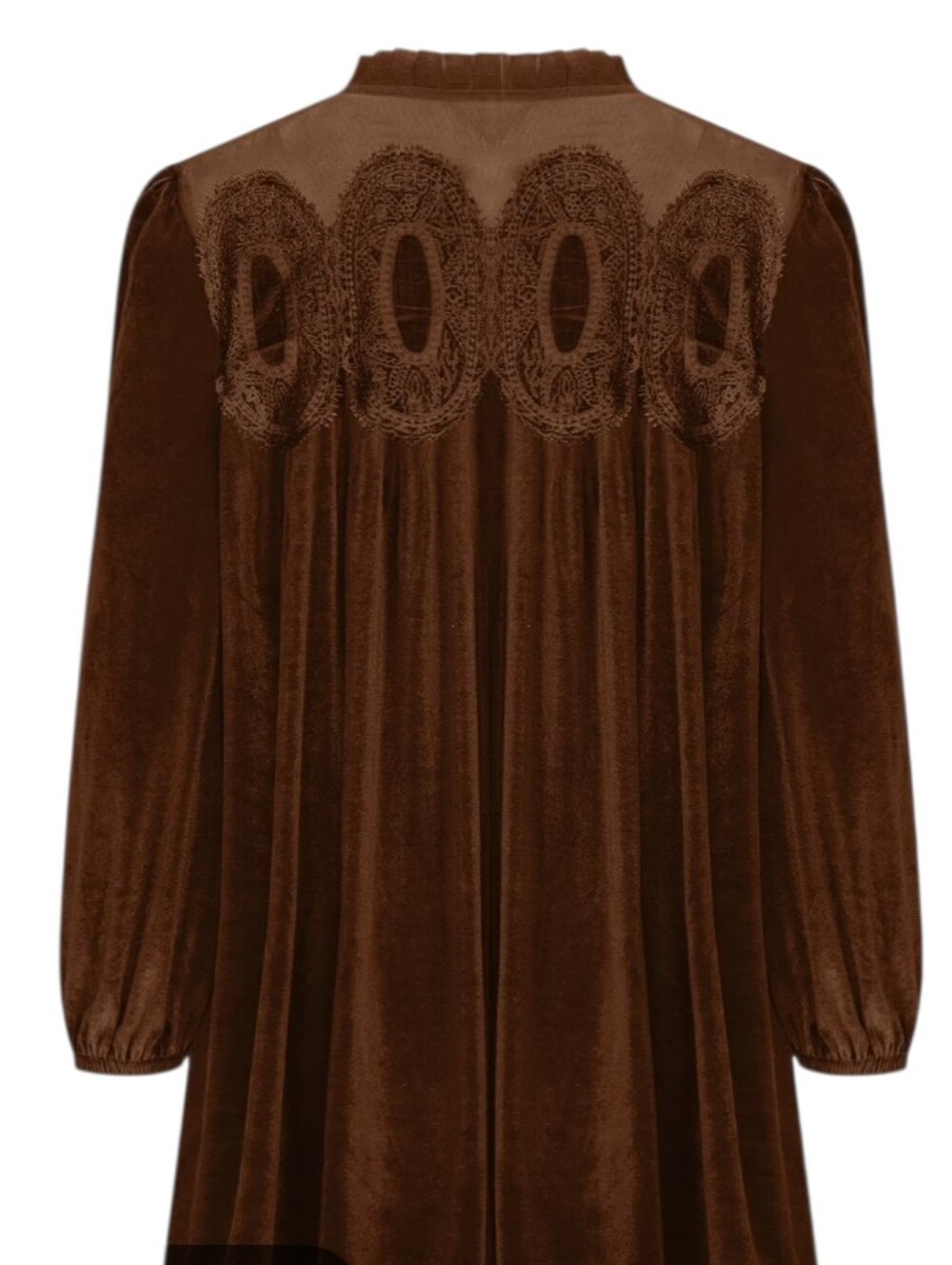 Brown Stretch Velvet Lace Yoke Mini Dress Medium - Picture 3 of 9